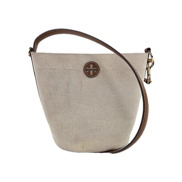 Tory Burch Canvas Bucket Bag Beige Crossbody Shoulder Bag Purse - Picture 1 of 12